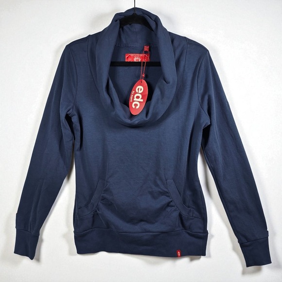 Edc By Esprit Pullover Top Women's XL Blue Cowl Neck Long Sleeve Pockets NWT - Picture 1 of 12